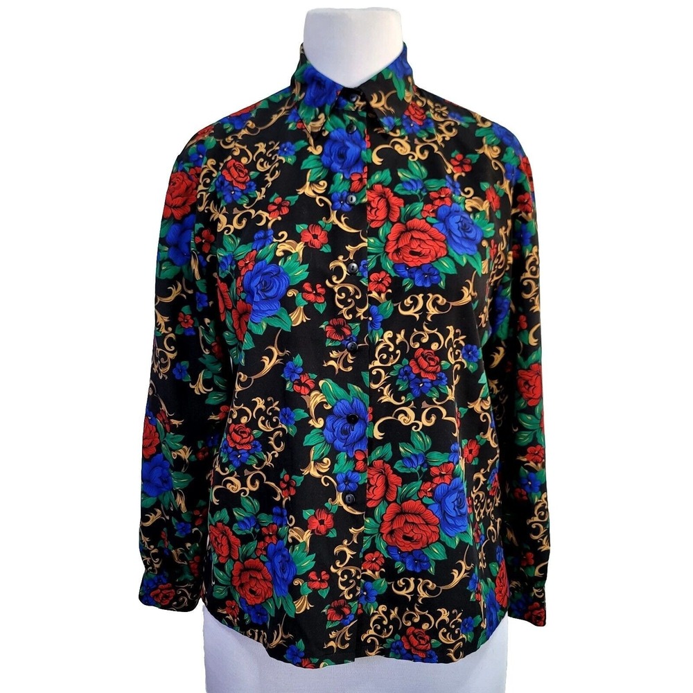 Alia Petite Vintage Floral Baroque Button Down Blouse Black Red Blue Rose Sz 12
